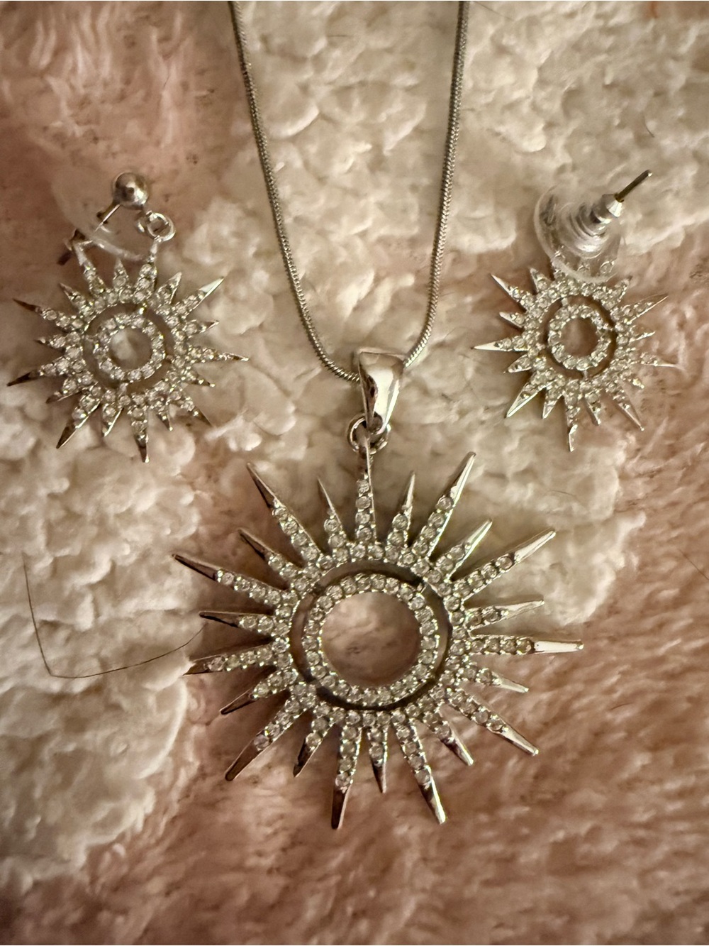 Silver Sunburst Necklace and Earring Set with Clear Crystals